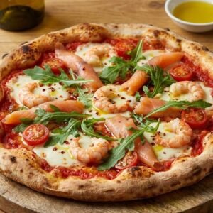 Pizza con Scampi e Salmone