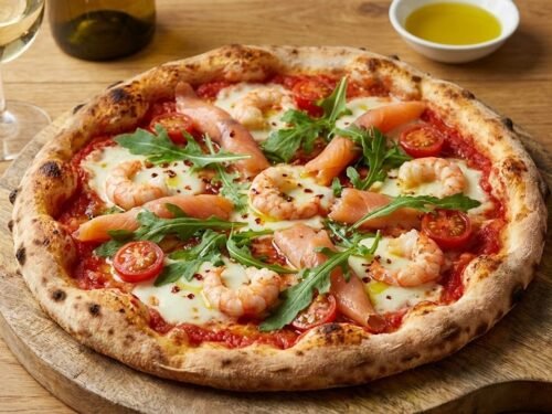 Pizza con Scampi e Salmone