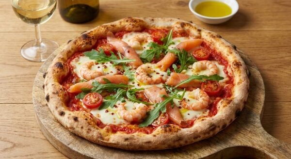 Pizza con Scampi e Salmone
